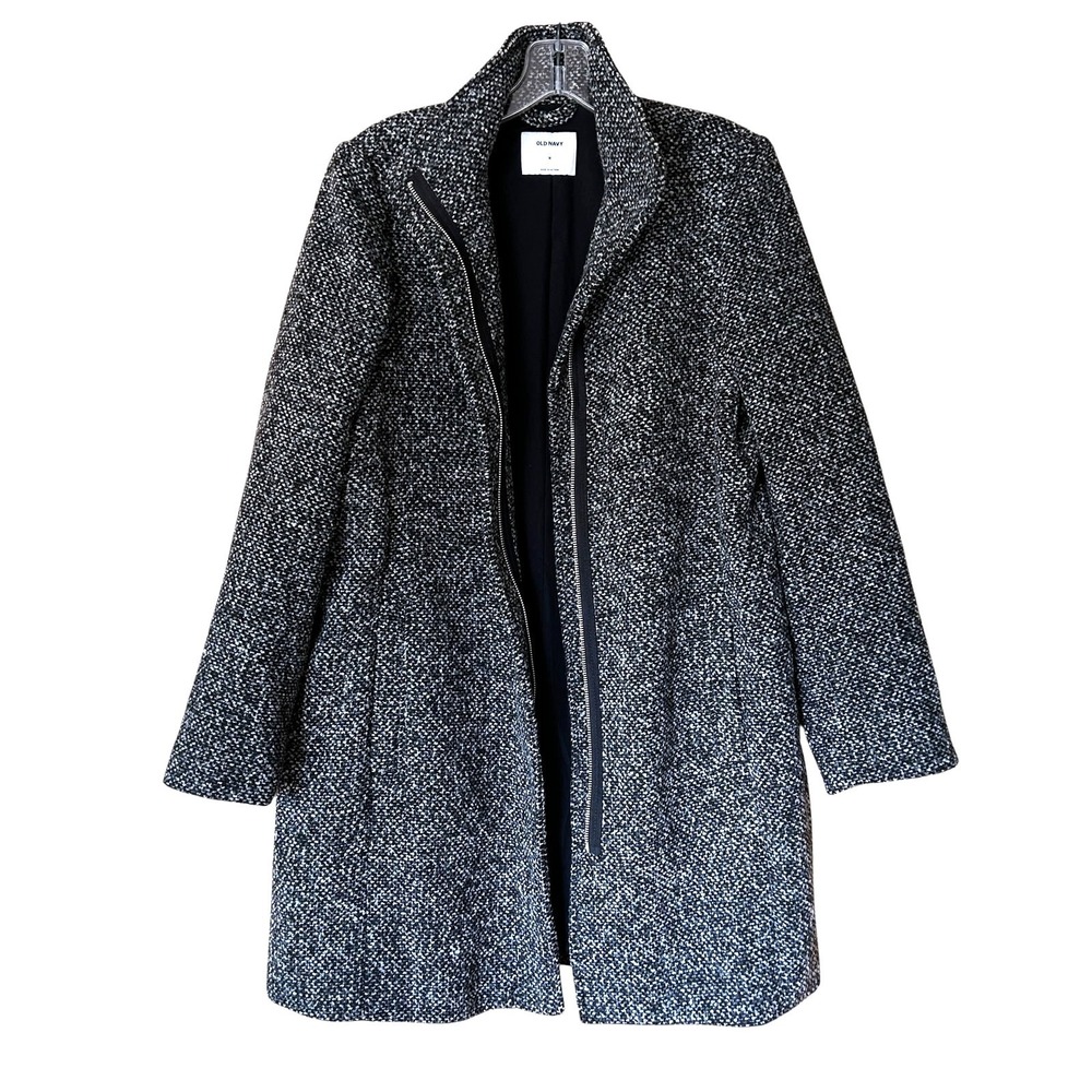 Old Navy Women's Tweed Coat Size M Black Marl Funnel Neck Zip Front Jacket - Picture 2 of 9